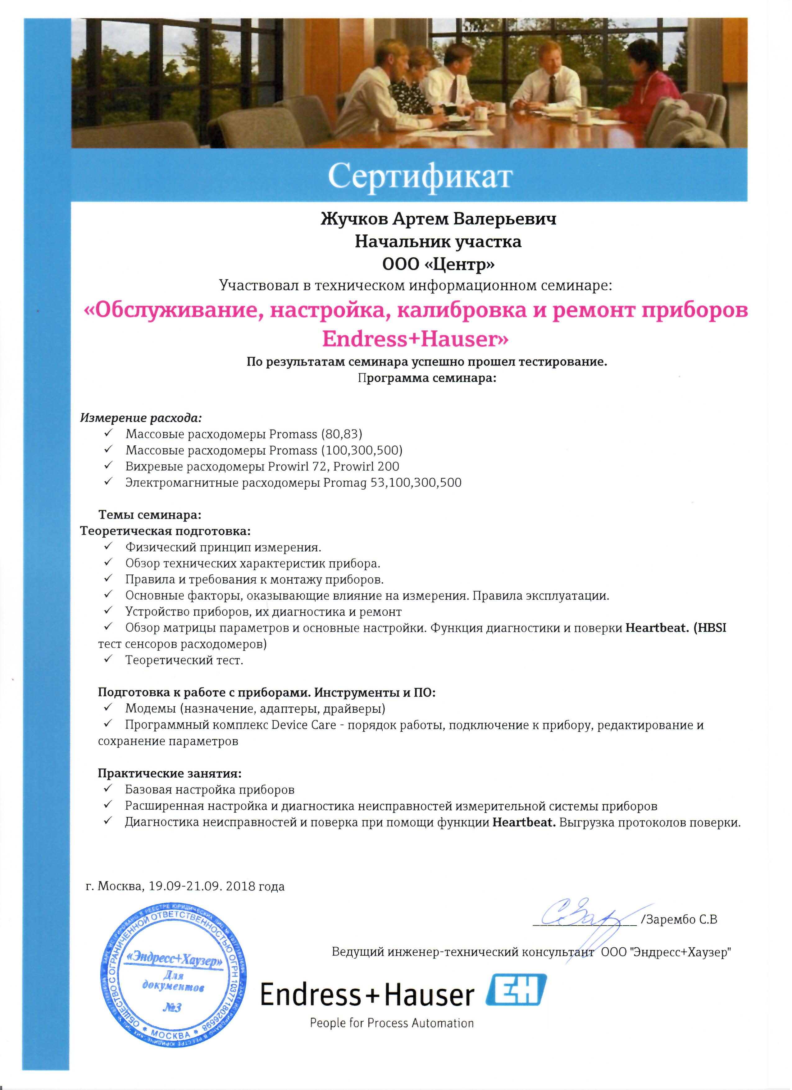 Сертификат Endress+Hauser Обслуживание,настройка,калибровка и ремонт приборов (Жучков А.В.)